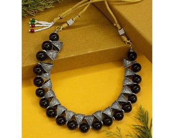 High Quality Oxidized German Silver Bail Motifs Black Glass Beads Tribal Choker Necklace Indian Jewelry Boho Gypsy Jewelry Beaded Jewelry