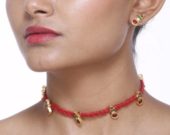 Red/Green Kemp Stones & Red Jute Cord Choker Necklace With Stud Earrings | Gold Plated South Indian Jewelry | Birthday Gifts for Her