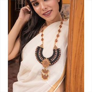 Red/Green Kemp Stones, White Pearls & Black Jute Cord Statement Long Necklace | Gold Plated South Indian Jewelry | Birthday Gifts for Her