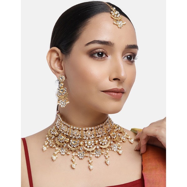 Kundan Stones & White Pearls Choker Necklace With Dangler Earrings And Maang Tikka | Gold Plated Indian Jewelry | Gifts for Her
