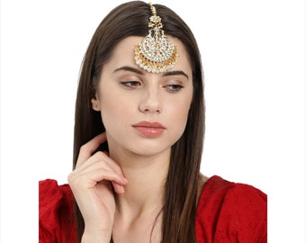 Kundan Stones & White Pearls Statement Bridal Maang Tikka | Gold Plated Traditional Wedding Indian Head Jewelry | Gifts for Her