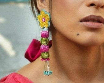 Handmade Yellow Fabric & Pink/Green Beads Statement Drop Earrings | Contemporary Embroidery Indian Jewelry | Birthday Gifts for Her