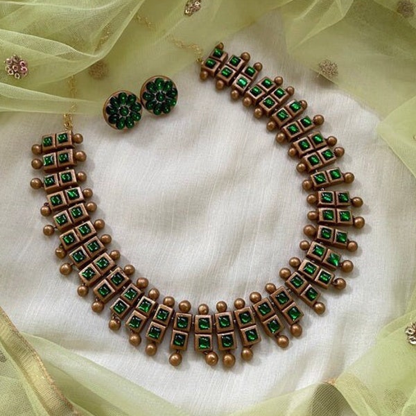 Handmade Terracotta Antique Gold & Green Stones Statement Choker Necklace With Stud Earrings | Traditional Indian Jewelry | Gifts for Her