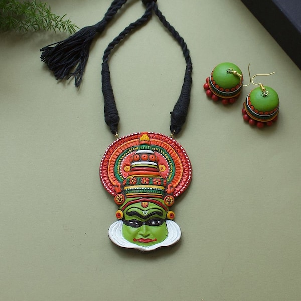 Handmade Terracotta Multicolor Kathakali Statement Necklace With Jhumka Earrings | South Indian Traditional Jewelry | Birthday Gifts for Her