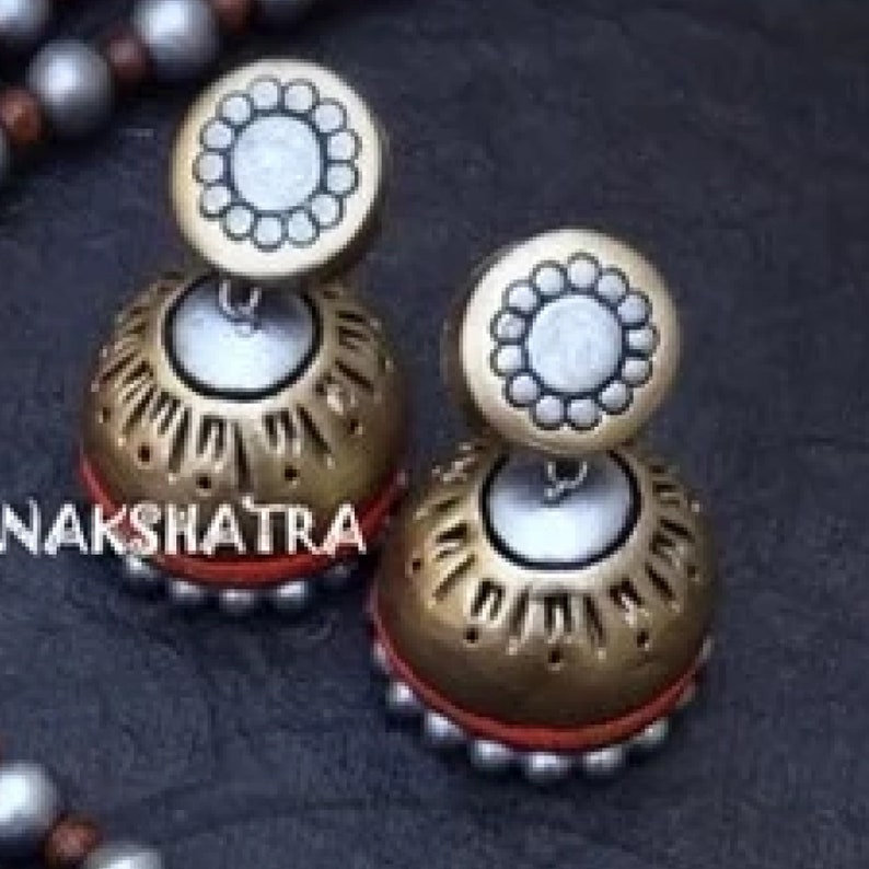 Indian Temple Jewelry Handmade Natural Terracotta Clay Two Layered Grey Gold Rounded Design Pendant Hand-painted Long Beaded Necklace Set
