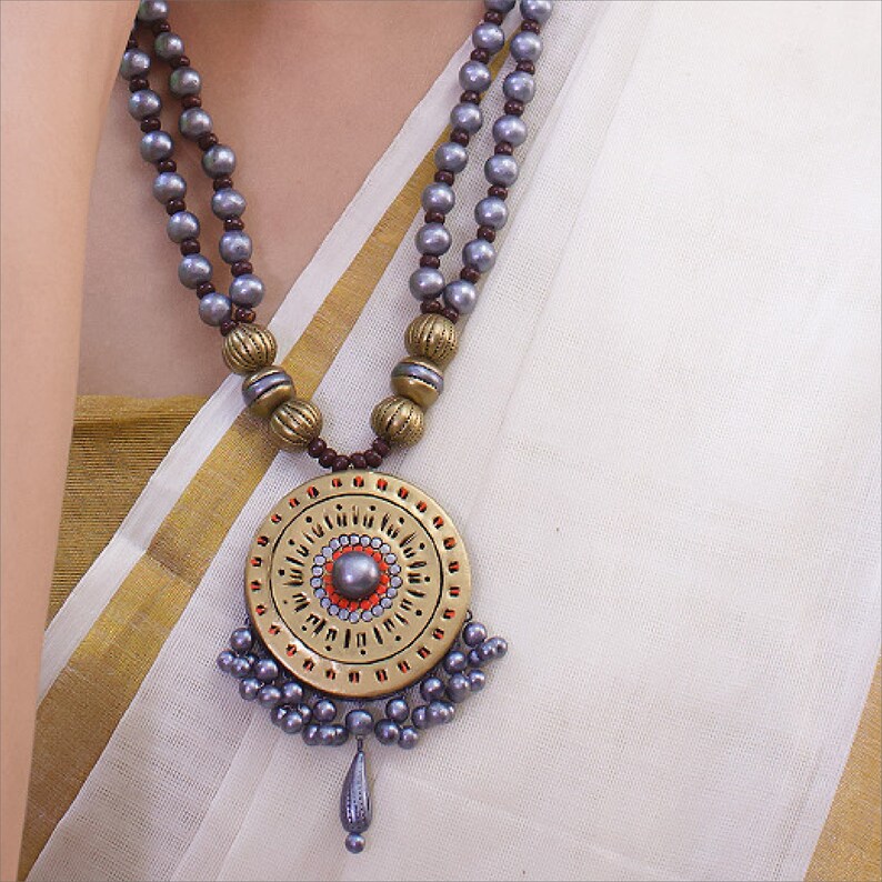 Indian Temple Jewelry Handmade Natural Terracotta Clay Two Layered Grey Gold Rounded Design Pendant Hand-painted Long Beaded Necklace Set