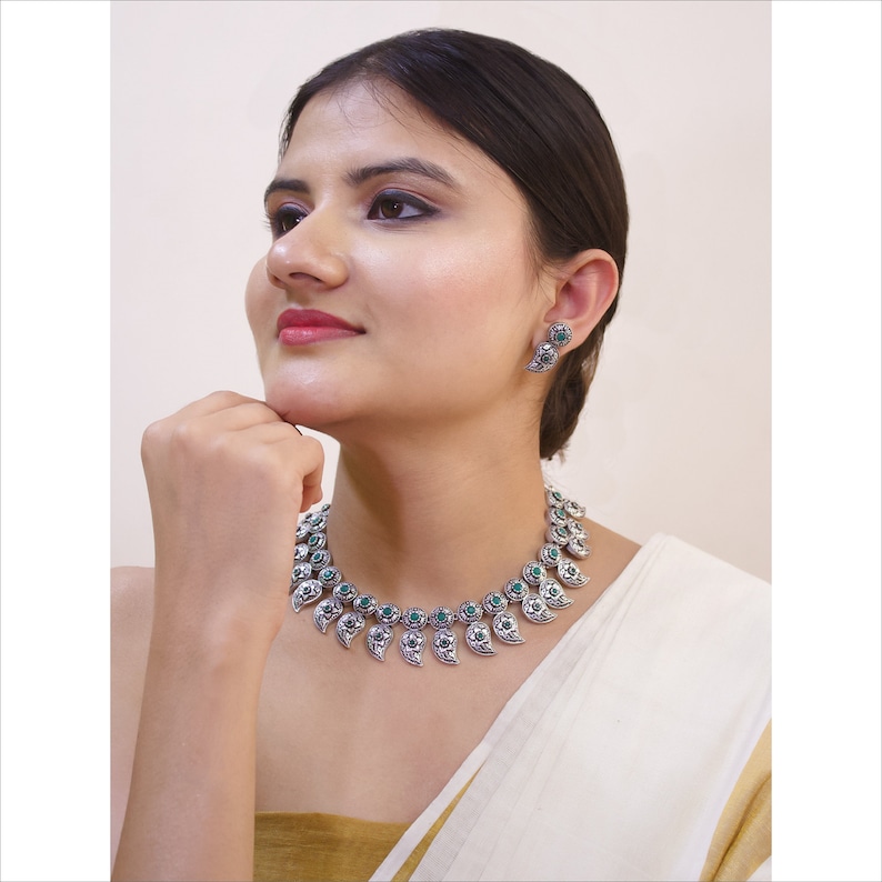 High Quality Oxidized German Silver Plate Green Plasto Stone Mango Shape Floral Design Motifs Choker Necklace Set Boho Gypsy Indian Jewelry