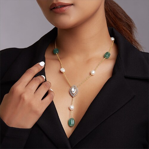 High Quality Gold Plated Kundan & Cubic Zirconia And Green Jades Fresh Water Pearls Oval Shape Design shops Necklace | Bollywood Indian Jewelry