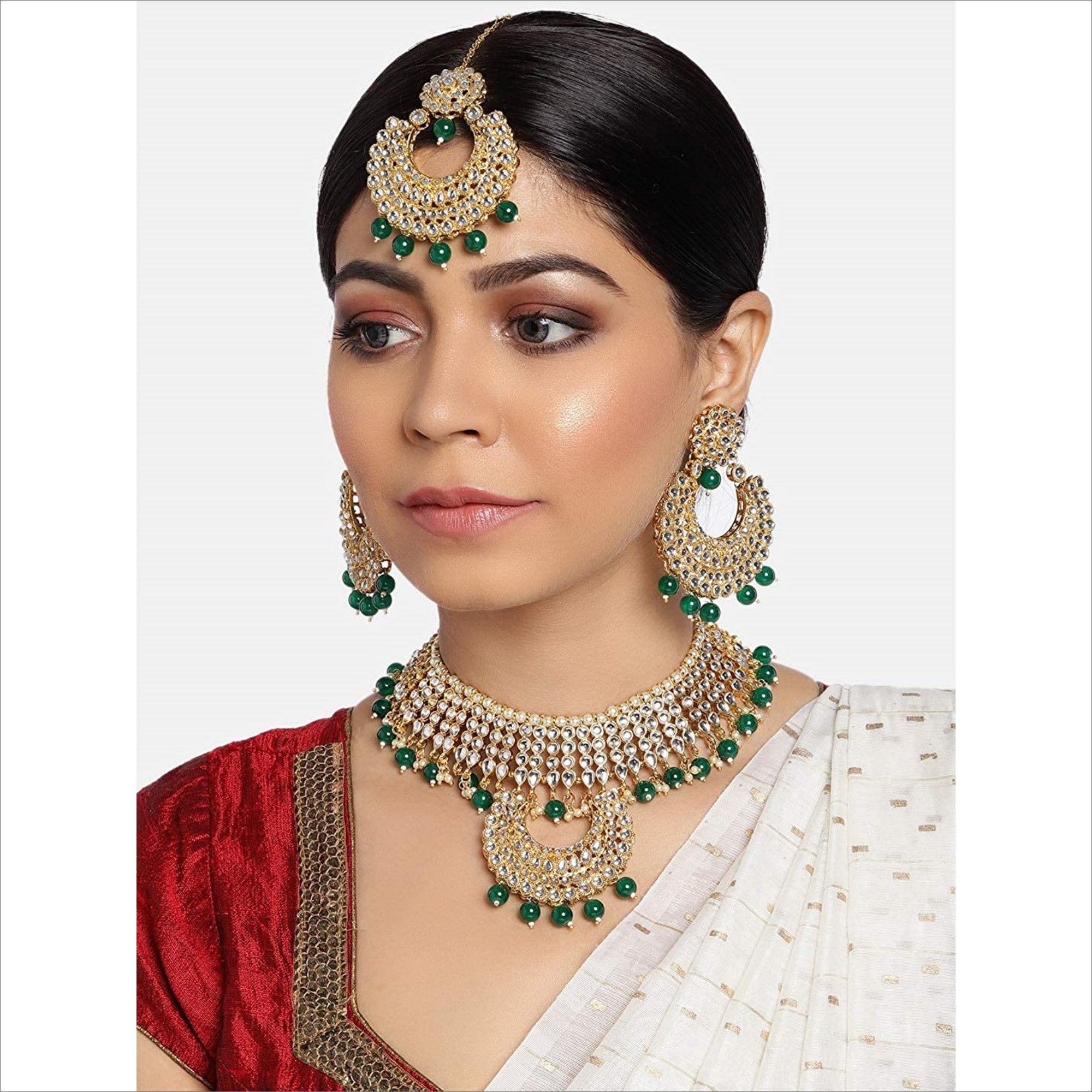 Indian Bollywood Choker Antique Gold Tone Pearl Tikka Earrings Necklace Jewelry Indian Bollywood Choker Antique Gold Tone Pearl Tikka Earrings Necklace Jewelry