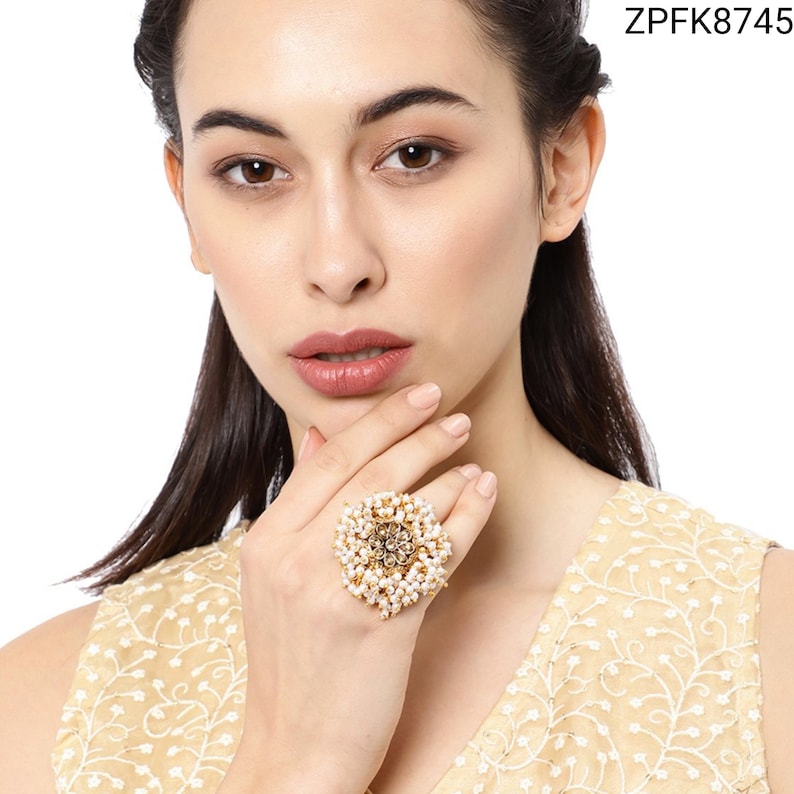 Zaveri Pearls Gold Tone Embellished With Pearls Ethnic Adjustable Statement Finger Ring Indian Bollywood Fashion Jewelry Indian Jewelry