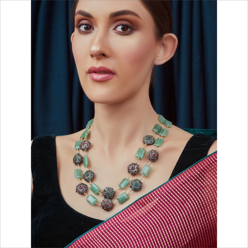 High Quality Gold Plated Kundan /& Green Jades Hydro Rubies And Hydro Emeralds Rectangle Design 2 Layered Necklace Indian Bollywood Jewelry