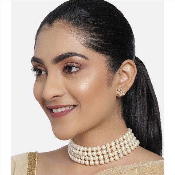 White Pearls Layered Statement Choker Necklace With Stud Earrings