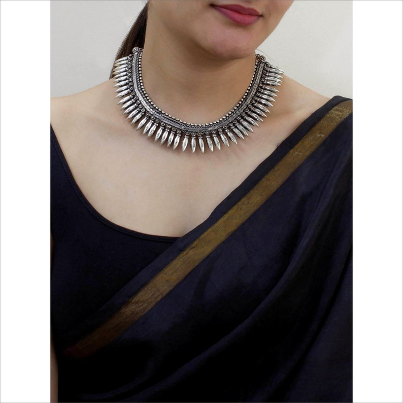 High Quality Oxidized German Silver Bail Motifs Black Glass Beads Tribal Choker Necklace Indian Jewelry Boho Gypsy Jewelry Beaded Jewelry