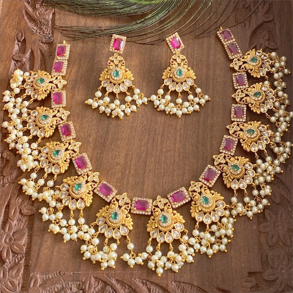 Cubic Zirconia Pink Ruby Stones Peacock Design Guttapusalu