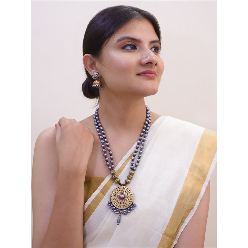 Indian Temple Jewelry Handmade Natural Terracotta Clay Two Layered Grey Gold Rounded Design Pendant Hand-painted Long Beaded Necklace Set