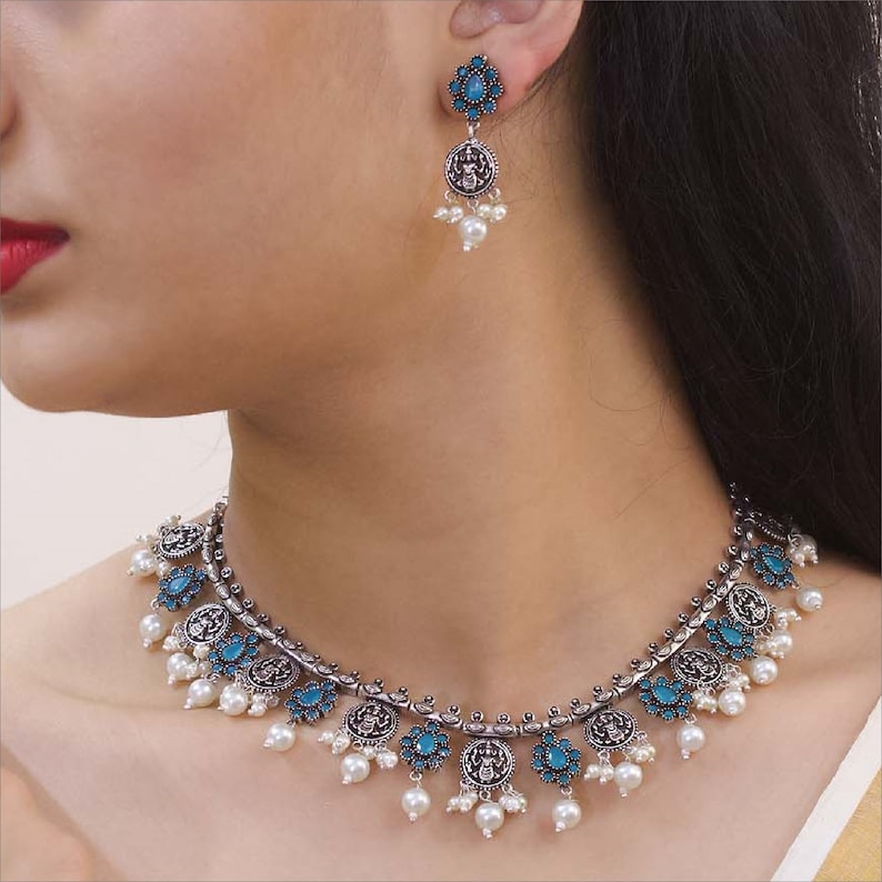 High Quality Oxidized German Silver Plated Turquoise Blue Stones Lakshmi Design Motif Pearl Dropping Choker Necklace Set Boho Indian Jewelry