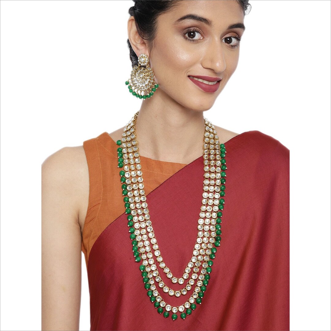 Green Beads & Kundan Stones Layered Long Raani Haaram Necklace With Dangler Earrings Gold Plated