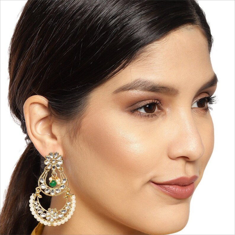 Traditional Indian Jewelry Zaveri Pearls High Quality Gold Plated Kundan /& Green Bead Crescent Shape Pearls Dropping Chandelier Earrings