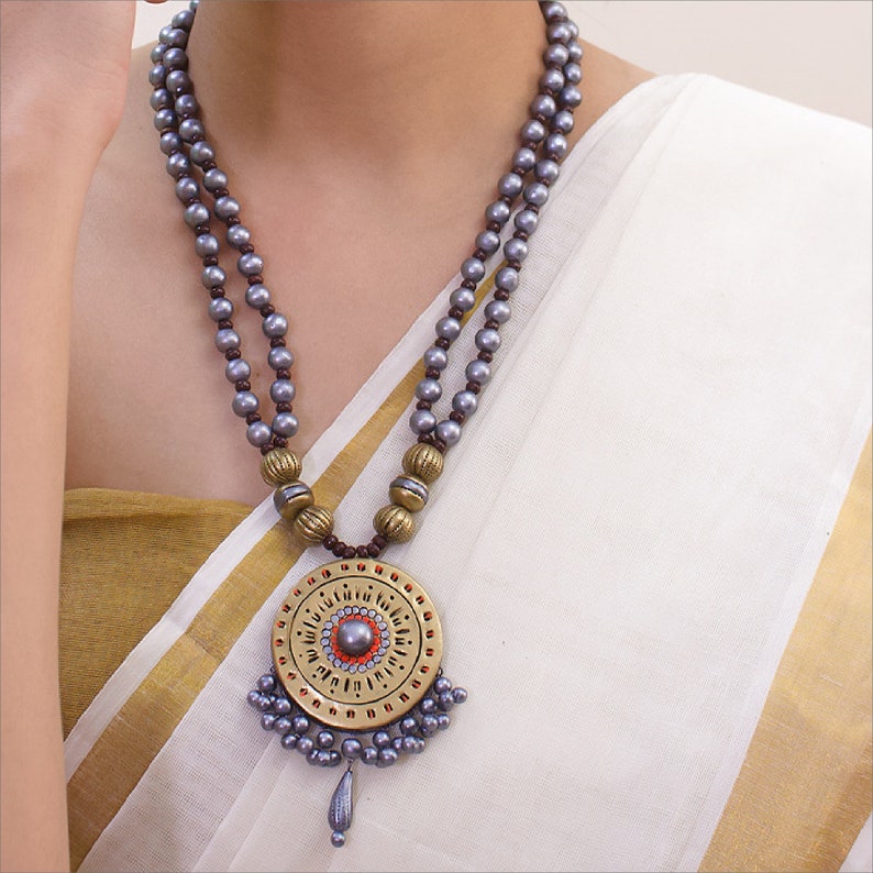 Indian Temple Jewelry Handmade Natural Terracotta Clay Two Layered Grey Gold Rounded Design Pendant Hand-painted Long Beaded Necklace Set