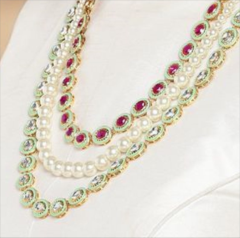 Zaveri Pearls Gold Toned Kundan /& Pink Stones Green Enamel Paint Tear Drop Design Multi Layered Pearl Necklace Set Indian Bollywood Jewelry