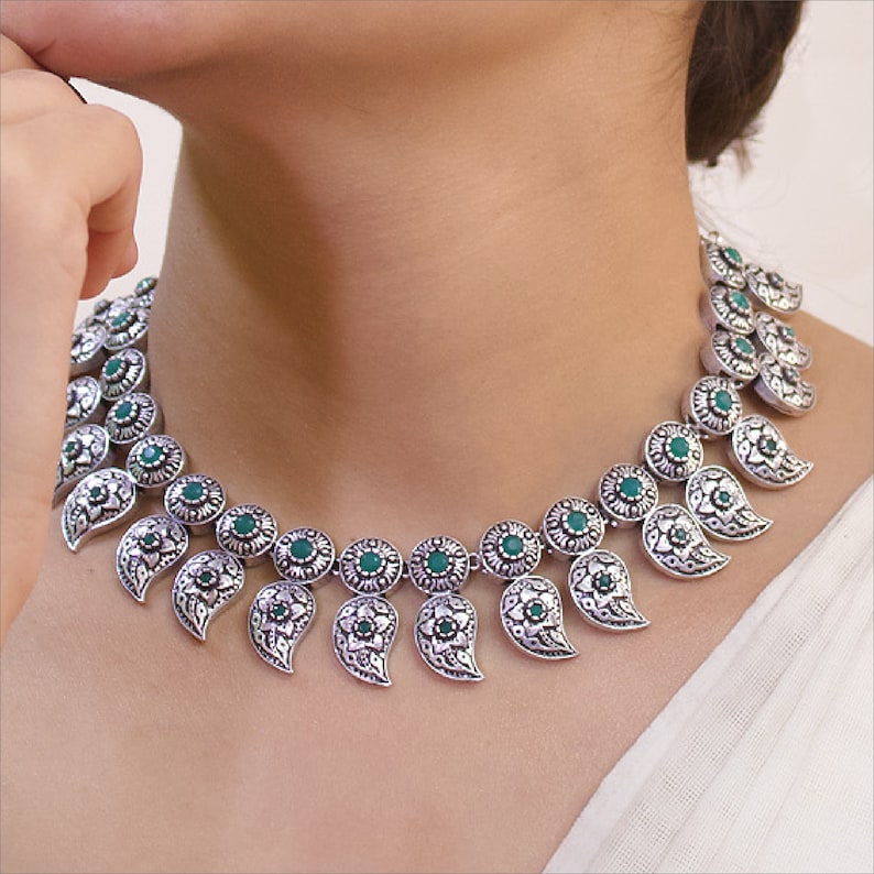 High Quality Oxidized German Silver Plate Green Plasto Stone Mango Shape Floral Design Motifs Choker Necklace Set Boho Gypsy Indian Jewelry