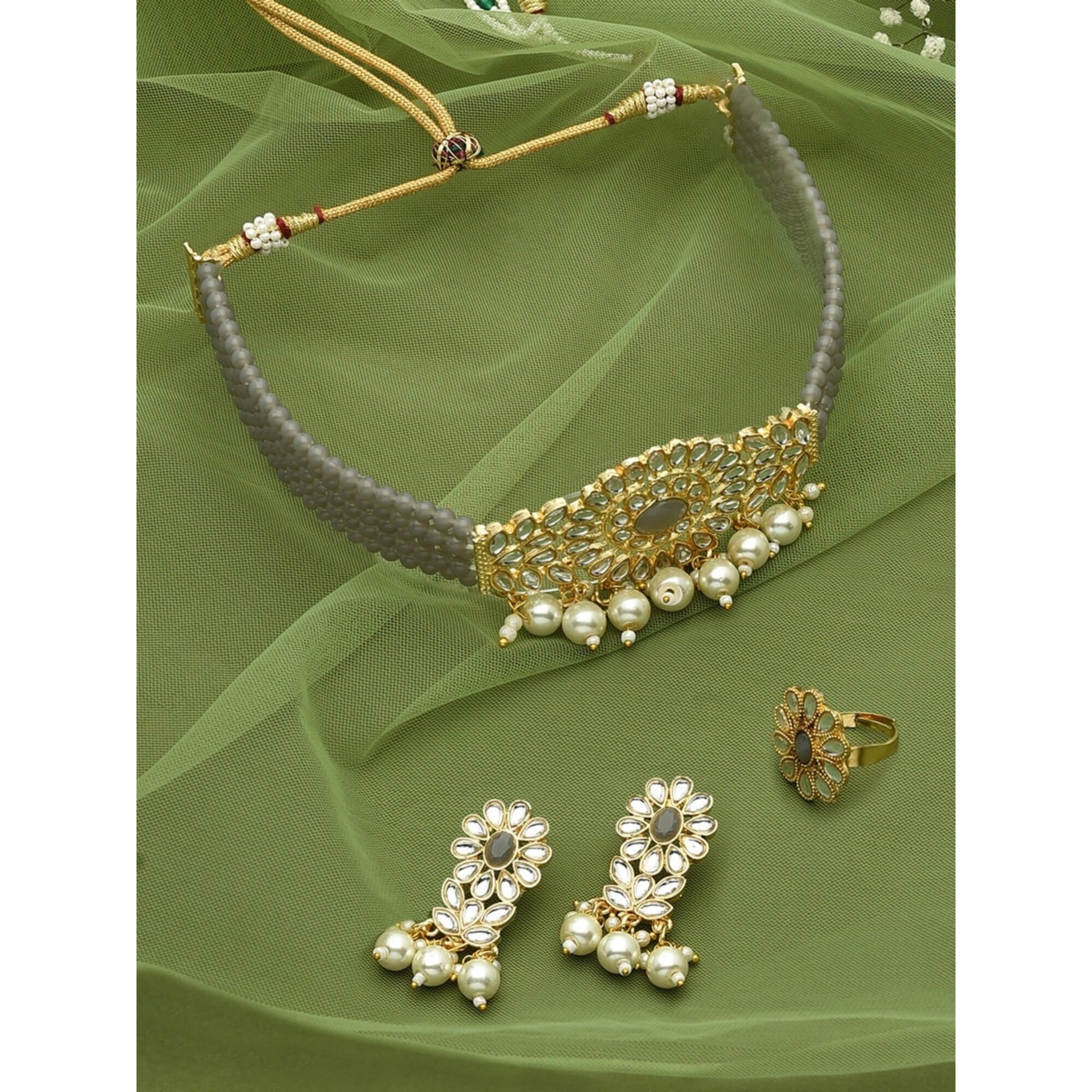 Zaveri Pearls Gold Plated Kundan \u0026 Gray 