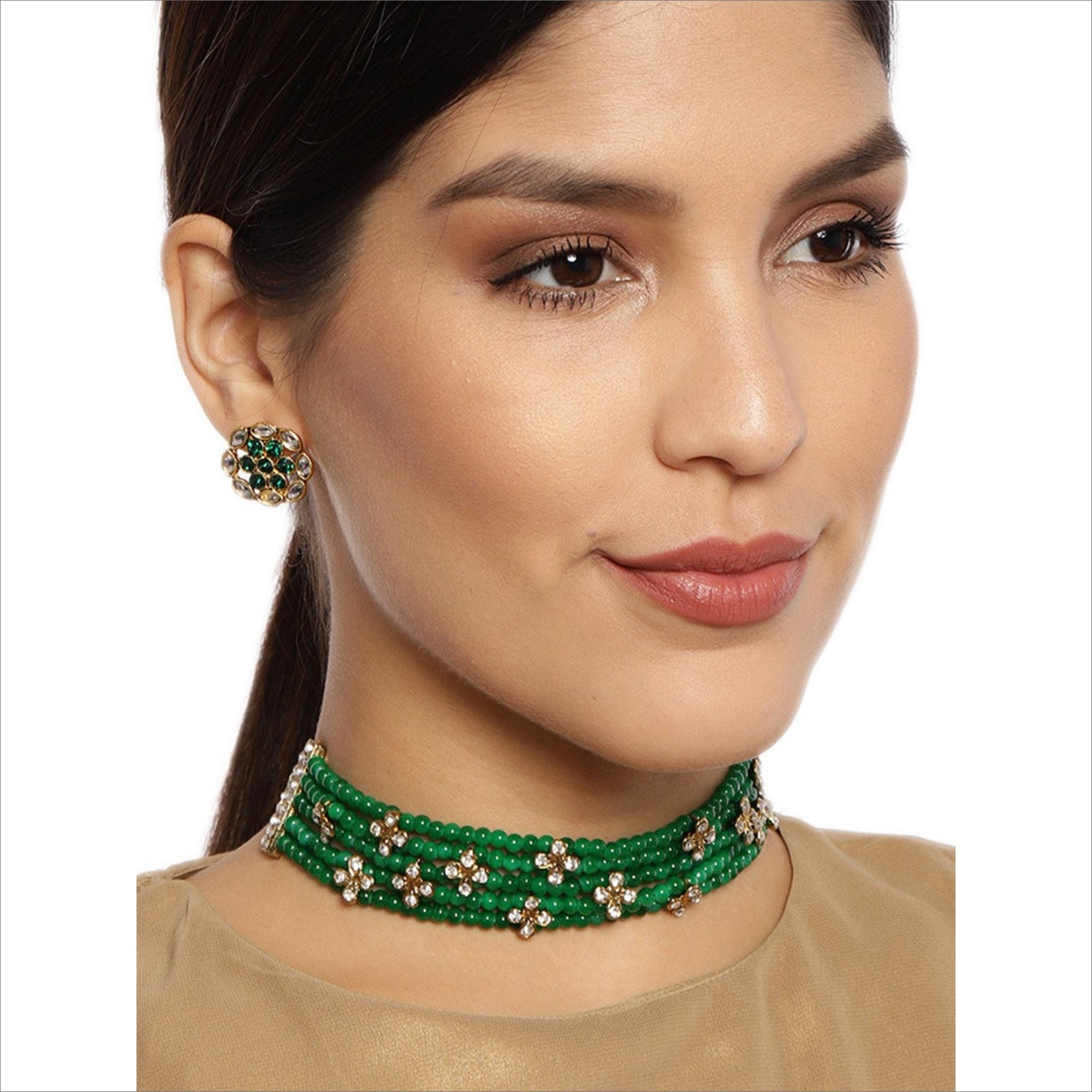 Kundan Stones Green Beads Layered Choker Necklace With Stud