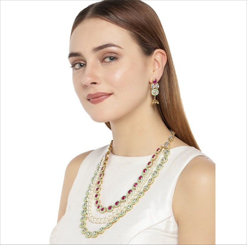 Zaveri Pearls Gold Toned Kundan /& Pink Stones Green Enamel Paint Tear Drop Design Multi Layered Pearl Necklace Set Indian Bollywood Jewelry