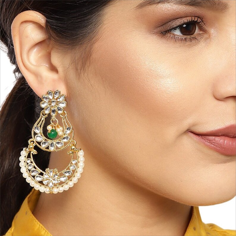 Traditional Indian Jewelry Zaveri Pearls High Quality Gold Plated Kundan /& Green Bead Crescent Shape Pearls Dropping Chandelier Earrings