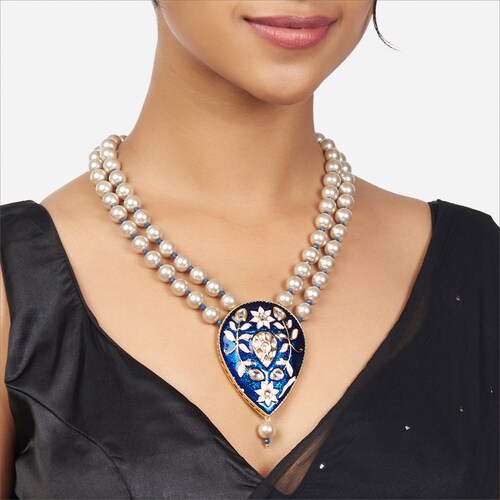 High Quality Gold Plated Kundan & Blue Agate Beads Pink Enamel Paint Shell Pearls Floral Design 2 Layered shops Necklace Set | Indian Jewelry