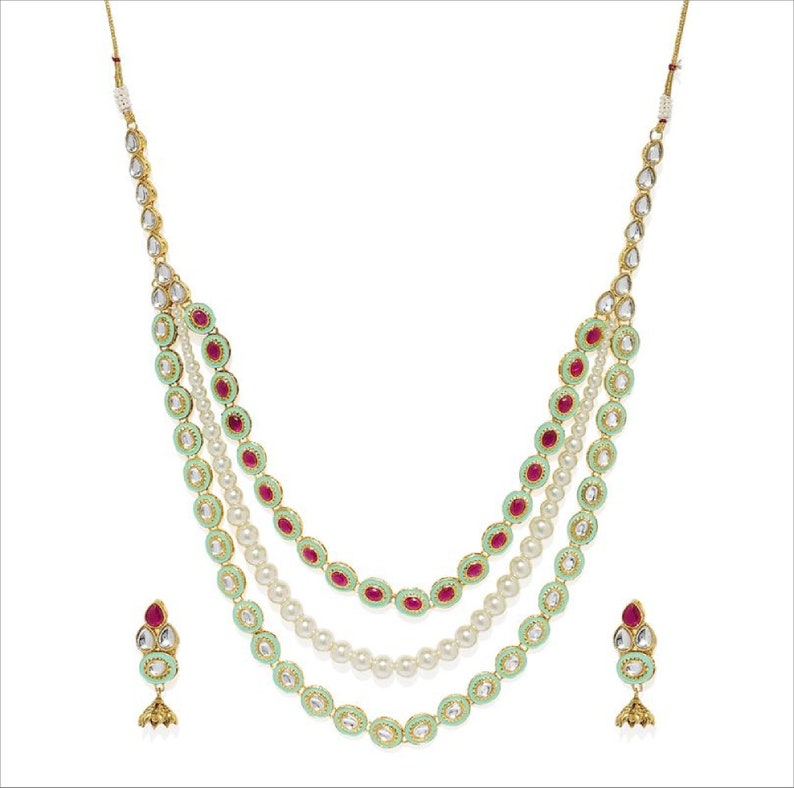 Zaveri Pearls Gold Toned Kundan /& Pink Stones Green Enamel Paint Tear Drop Design Multi Layered Pearl Necklace Set Indian Bollywood Jewelry