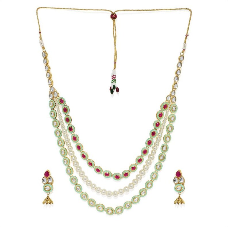 Zaveri Pearls Gold Toned Kundan /& Pink Stones Green Enamel Paint Tear Drop Design Multi Layered Pearl Necklace Set Indian Bollywood Jewelry