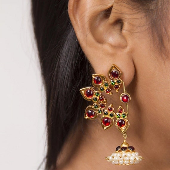Red green Kemp Stones White Pearls Statement Dangler Jhumka
