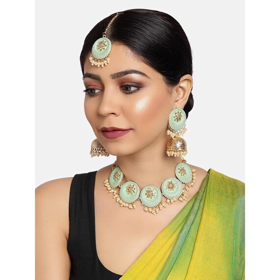 Indian Gold Plated Bollywood Emerald Jewelry Set Enamel Choker Necklace Set