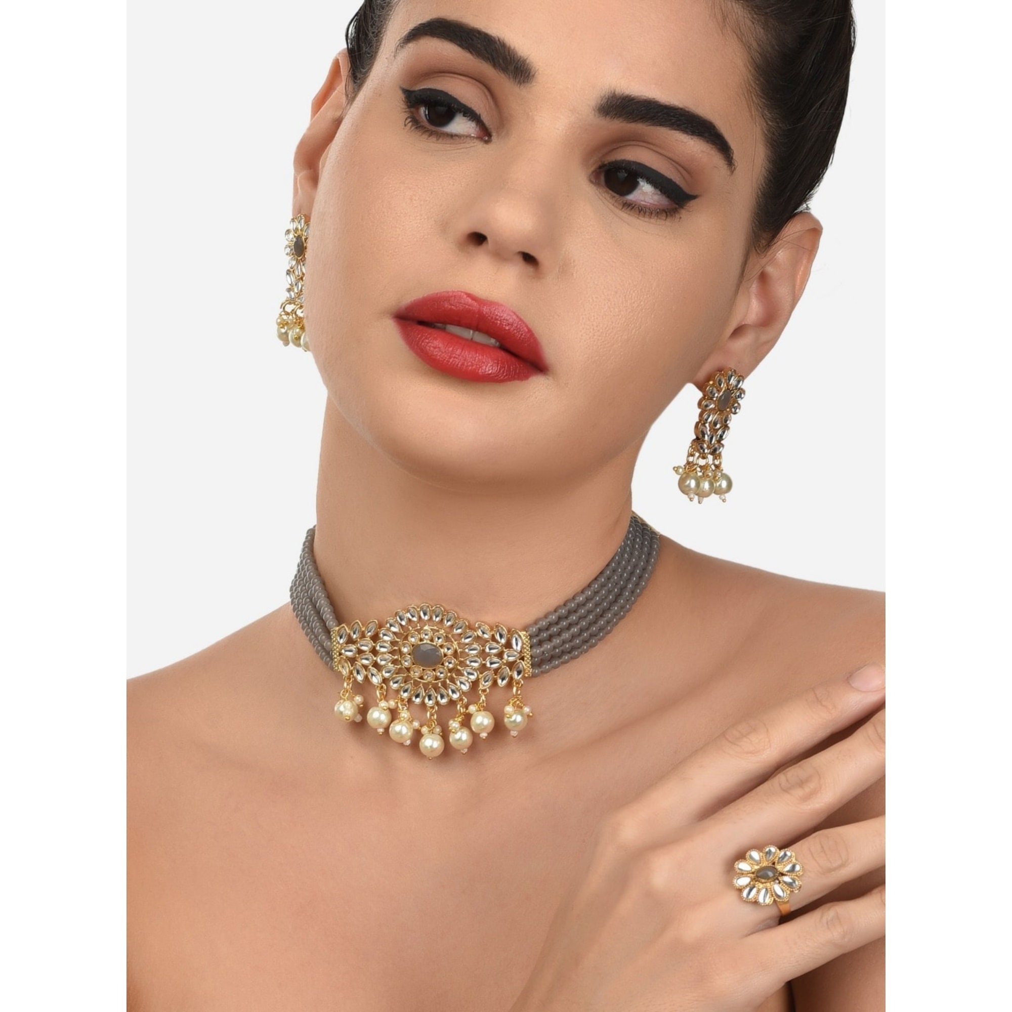 Zaveri Pearls Gold Plated Kundan \u0026 Gray 