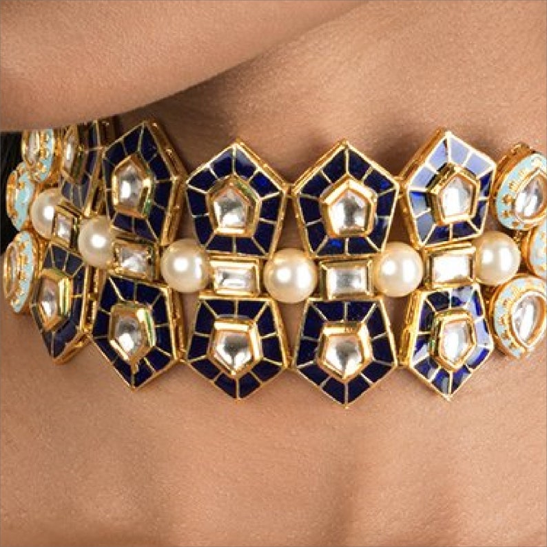 High Quality Gold Plated Kundan /& Shell Pearl Blue Enamel Pentagon Shape Design Bridal Choker Necklace Indian Wedding Bollywood Jewelry