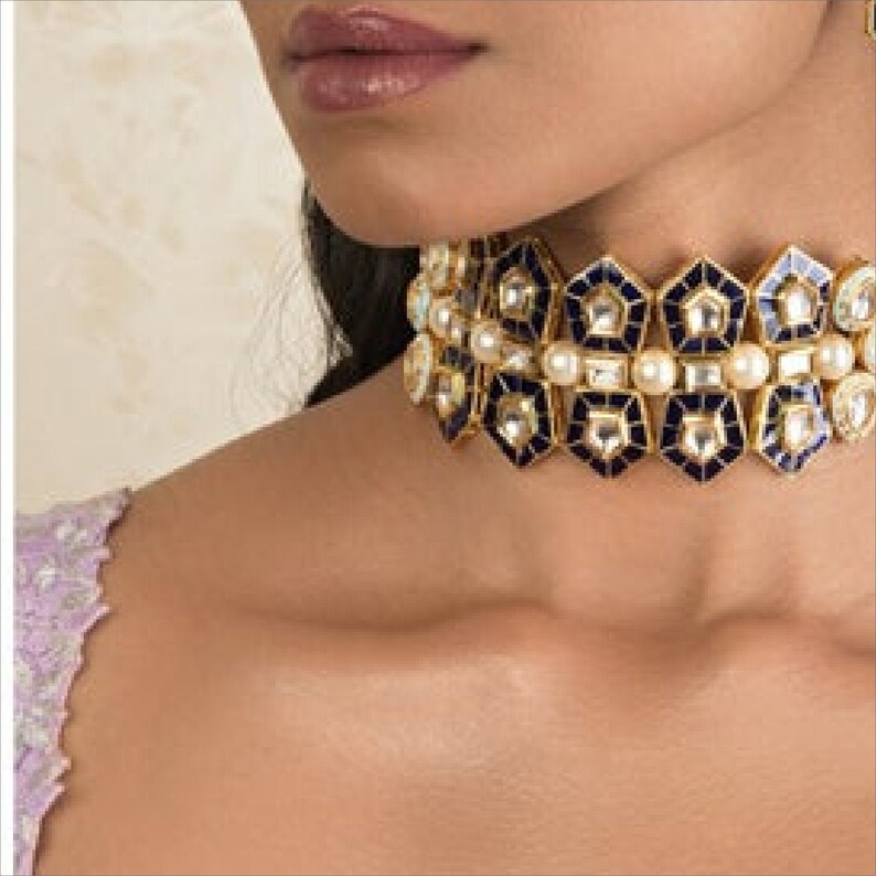 High Quality Gold Plated Kundan /& Shell Pearl Blue Enamel Pentagon Shape Design Bridal Choker Necklace Indian Wedding Bollywood Jewelry