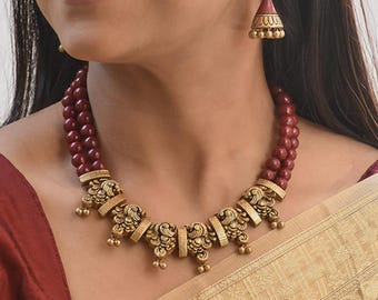USA Duty Free | Handmade Terracotta Necklace Set: Maroon & Antique Gold Peacock Design