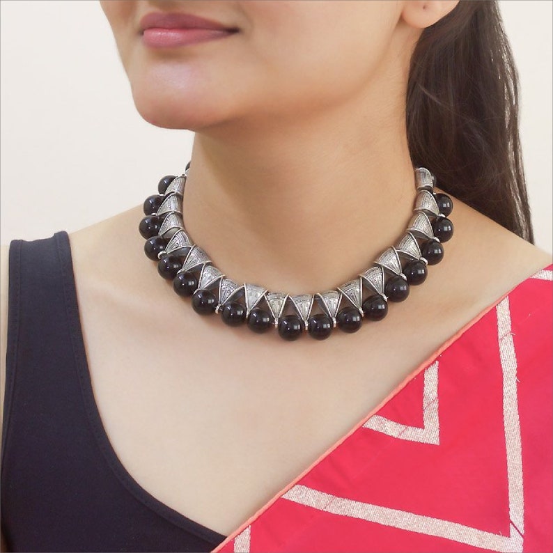 High Quality Oxidized German Silver Bail Motifs Black Glass Beads Tribal Choker Necklace Indian Jewelry Boho Gypsy Jewelry Beaded Jewelry
