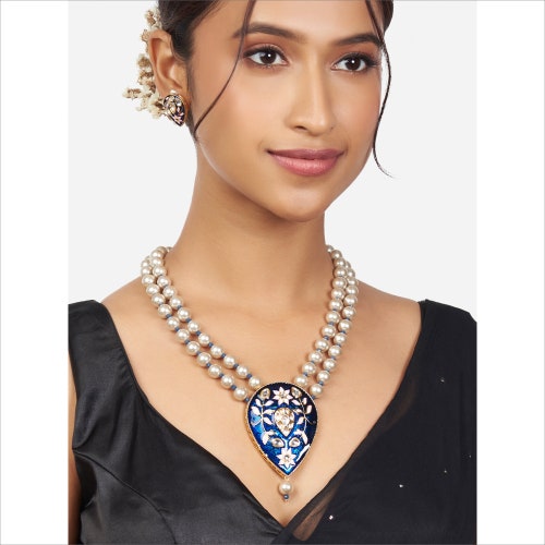 High Quality Gold Plated Kundan & Blue Agate Beads Pink Enamel Paint Shell Pearls Floral Design 2 Layered shops Necklace Set | Indian Jewelry