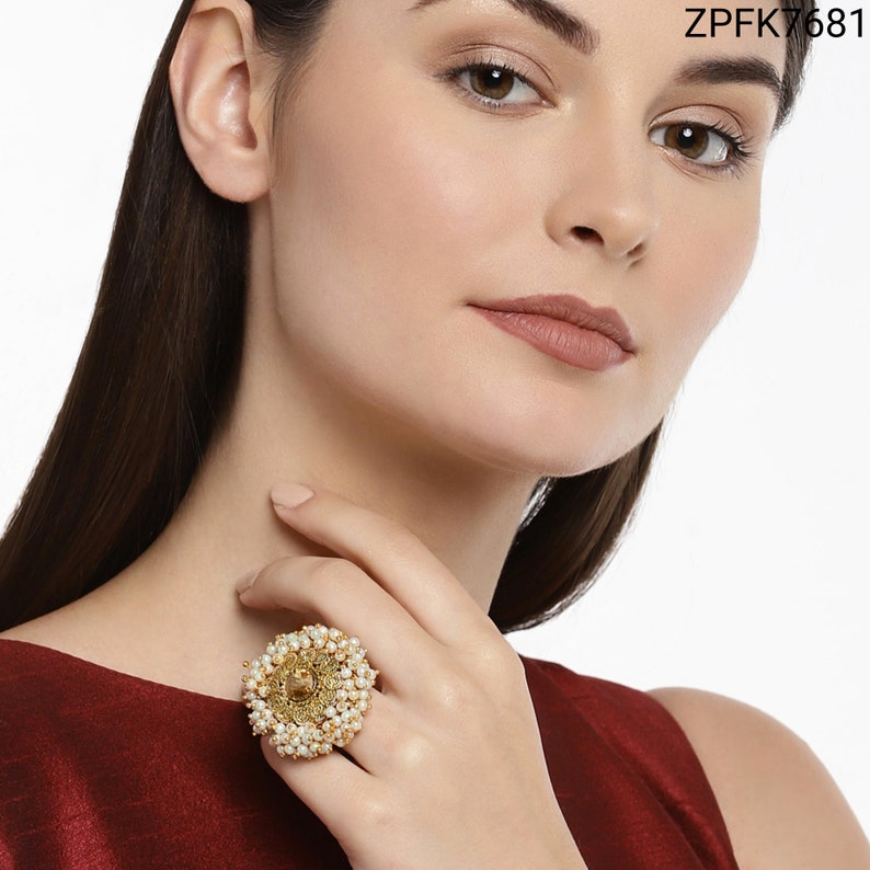 Zaveri Pearls Gold Tone Embellished With Pearls Ethnic Adjustable Statement Finger Ring Indian Bollywood Fashion Jewelry Indian Jewelry