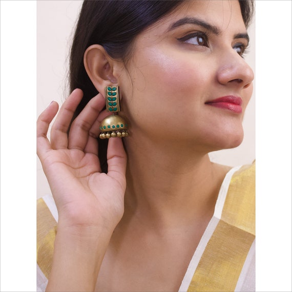 Buy Handmade Terracotta Antique Gold green Statement Jhumka