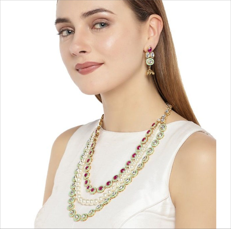 Zaveri Pearls Gold Toned Kundan /& Pink Stones Green Enamel Paint Tear Drop Design Multi Layered Pearl Necklace Set Indian Bollywood Jewelry