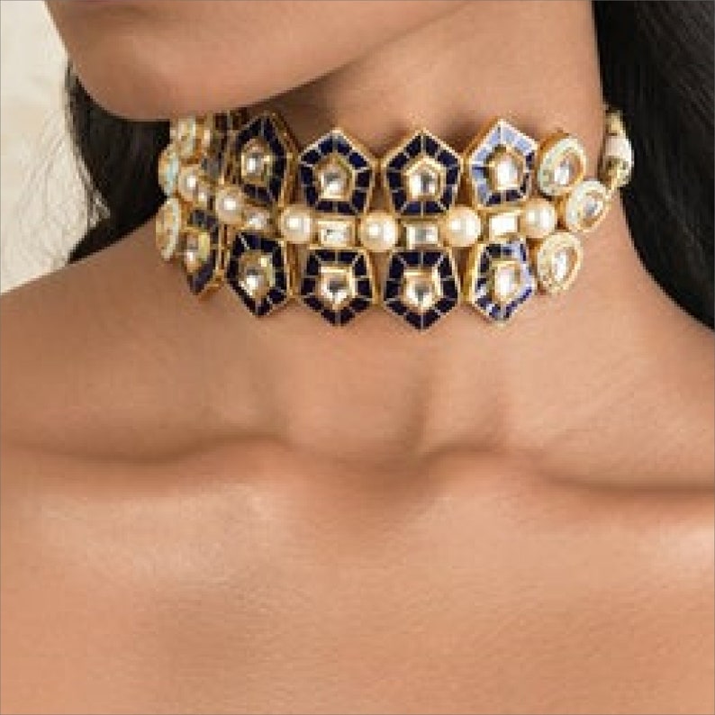 High Quality Gold Plated Kundan /& Shell Pearl Blue Enamel Pentagon Shape Design Bridal Choker Necklace Indian Wedding Bollywood Jewelry