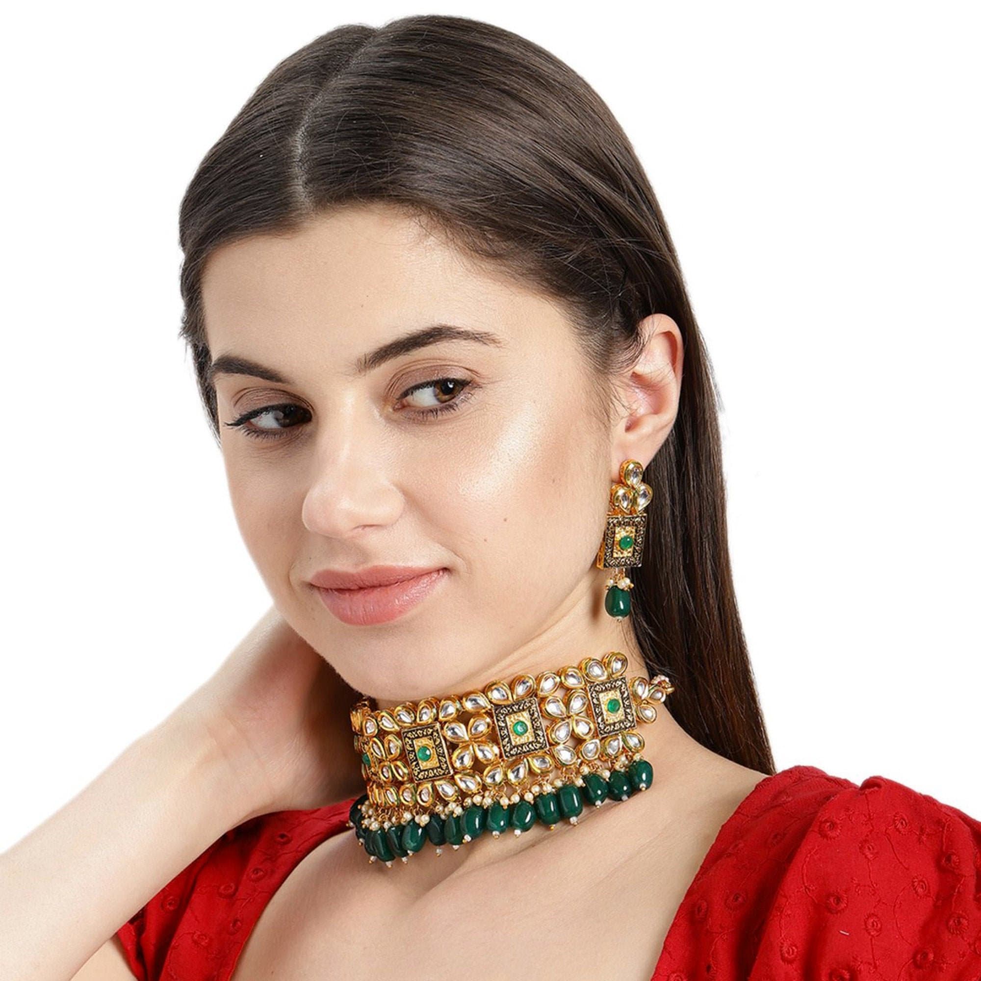 Indian Bollywood Choker Antique Gold Tone Pearl Tikka Earrings Necklace Jewelry 
