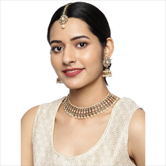 Kundan Jewelry Set Indian Choker Necklace with Earrings and Maang