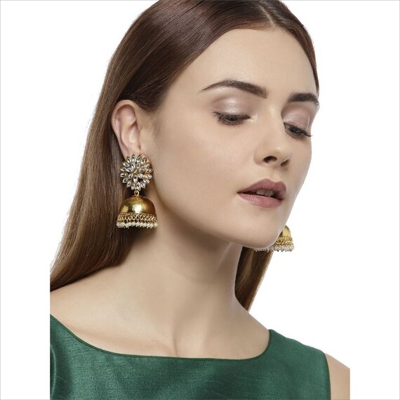 Golden jhumka with white pearl sale