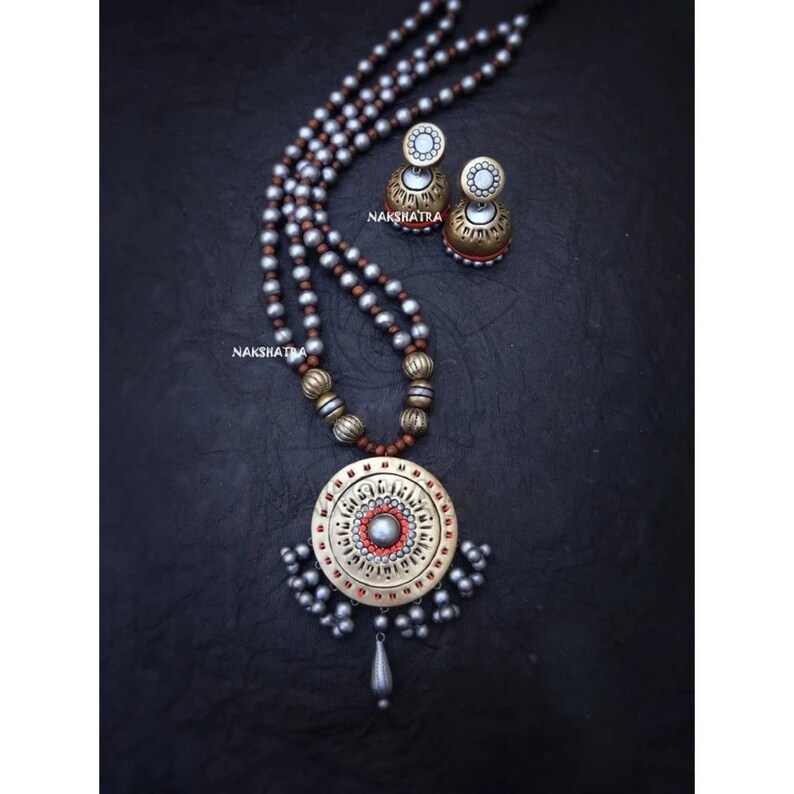 Indian Temple Jewelry Handmade Natural Terracotta Clay Two Layered Grey Gold Rounded Design Pendant Hand-painted Long Beaded Necklace Set