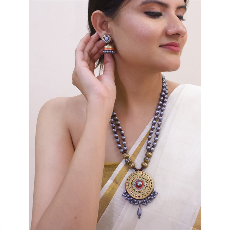Indian Temple Jewelry Handmade Natural Terracotta Clay Two Layered Grey Gold Rounded Design Pendant Hand-painted Long Beaded Necklace Set