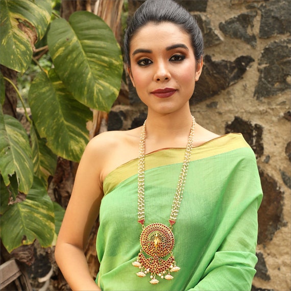 Long necklace on saree deals